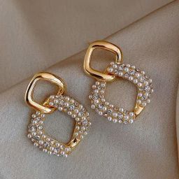 OOMPH Golden Tone Crystal & Pearls Link Fashion Drop Earrings for Women-12