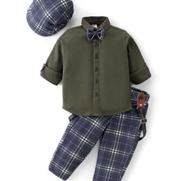 Babyhug Full Sleeves Solid Colour Shirt with Checks Trouser Cap Bow & Suspenders Set - Green & Navy Blue-image-88