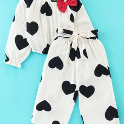 CrayonFlakes Full Sleeves Hearts Printed & Bow Embellished Co Ord Set - Offwhite-10