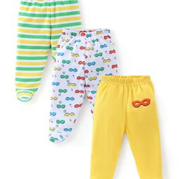 Babyhug Cotton Knit Footed Bootie Legging With Mask Print Pack of 3  - Green White & Yellow-image-4