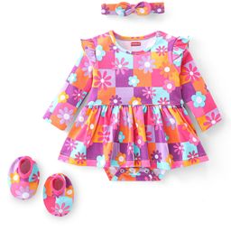 Babyhug 100% Cotton Interlock Knit Full Sleeves Onesies with Hair Band & Booties Floral Print - Pink-image-13