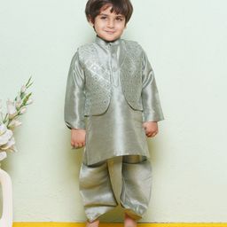 AJ Dezines Pure Cotton Full Sleeves Solid Kurta & Dhoti With Mirror Work Embellished Jacket - Green-image-14