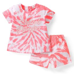 Babyhug Single Jersey Knit Half Sleeves Tie & Dye Top & Shorts Set with Text Print - Orange & White-image-69