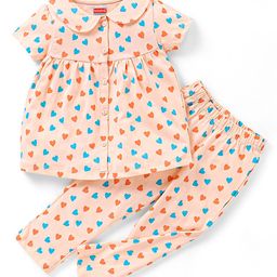 Babyhug Single Jersey Half Sleeves Pyjama Set Hearts Print - Peach-image-68