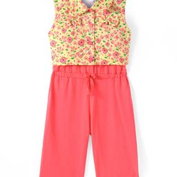 Babyhug Single Jerssey Knit Sleeveless Jumpsuit with Floral Printed Collared Top - Coral-image-98