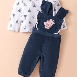 ToffyHouse Cotton Woven Dungaree & Full Sleeves T-Shirt With Nautical Theme Print & Animal Patch - Navy Blue-image-66
