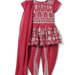 Babyhug Woven Sleeveless Kurti Dhoti And Dupatta Set with Sequenced & Floral Embroidery - Dark Pink-image-12