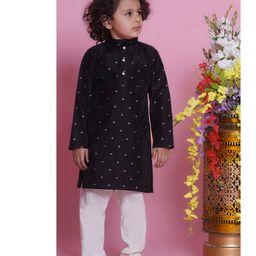Little Bansi Full Sleeves Foil Motif Printed Kurta With Solid Pyjama Set - Black-image-19