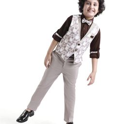 Rikidoos Full Sleeves Solid Shirt With Abstract Printed Waistcoat Pant & Bow Set - Coffee & Grey-image-35