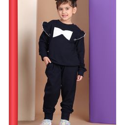 BaawRi Cotton Full Sleeves Bow Applique Detailed Sweatshirt With Solid Joggers Set - Navy Blue-image-70