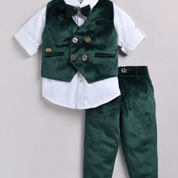 LITTLE COLLARS Velvet Full Sleeves Solid Shirt With Coordinating Waistcoat Trouser & Bow - Green-image-72
