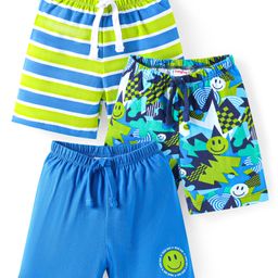 Babyhug Cotton Knit Mid Thigh Length Shorts with Smiley Print & Stripes Pack of 3 - Light Green & Blue-image-10