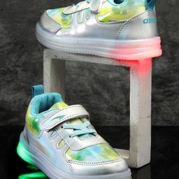 Asian Tie Die Designed LED Sneaker Shoes With Velcro Closure - Silver & Green-image-6