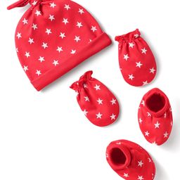 Babyhug Interlock Knit Cap Mittens & Booties Set With Star Print Red - Diameter 10 cm-image-37