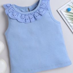 Aww Hunnie Cotton Rib Sleeveless Schiffli Embroidered Top - Blue-image-78