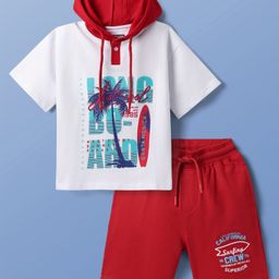 Pine Kids Looper Knit Half Sleeves Hooded T-Shirt & Shorts Set With Beach Theme Print - White & Red-image-35