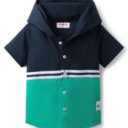 Babyhug Cotton Woven Half Sleeves Hooded Shirt with Cut & Sew Print - Navy Blue & Sea Green-image-40