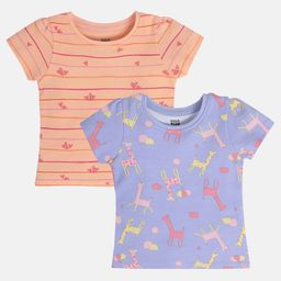MINI KLUB Cotton Pack Of 2 Half Sleeves Giraffe & Hearts Printed Tops - Peach & Purple-image-51