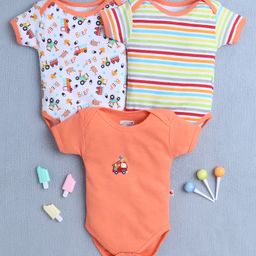 BUMZEE Cotton Knit Half Sleeves Vehicle & Animal Printed Onesies Pack of 3 - White & Orange-image-51