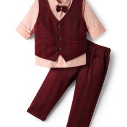 Mini Taurus Sinker Knit Full Sleeves 3 Piece Party Suit With Attached Bow - Maroon-image-37