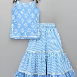 Bolly Lounge Cotton Blend Woven Sleeveless Floral Printed Gota Lace Embellished Kurta Sharara Set - Turquoise-image-73