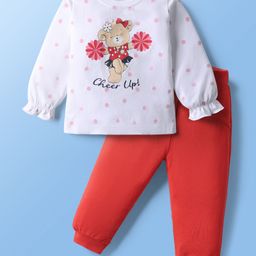 Doodle Poodle 100% Cotton Knit Full Sleeves Top & Lounge Pant Set With Teddy Bear & Polka Dot Print - White & Red-picture-25