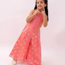 Lil' Drama Chanderi Knit Sleeveless Gota Lace Embellished Top & Palazzo Set - Peach-picture-26