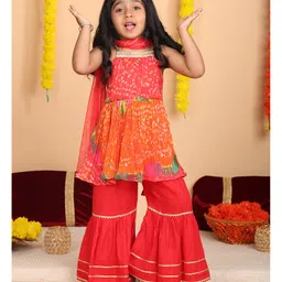 Kinder Kids Cotton Woven Sleeveless Bandhani Printed & Gota Lace Embellished Kurti Sharara With Dupatta Set - Red-picture-36