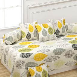 Myntra Elegant Homes Beige & Yellow 8 Pieces Floral Printed Cotton Diwan Set-image-39