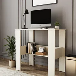 homeeasy White Engineered Wood Study Table Computer Desk With Drawer & Shelves image 2