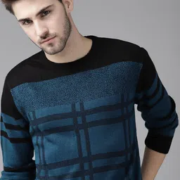 The Roadster Lifestyle Co Men Black & Teal Blue Jacquard Checked Pullover-image-81