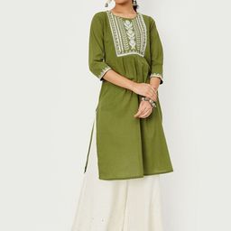 max Ethnic Motifs Embroidered Round Neck Thread Work Pleated Straight Kurta-image-69