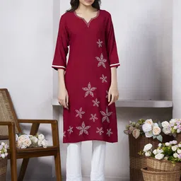 Peach Petals Floral Embroidered Notch Neck Pure Cotton Straight Kurta-picture-35