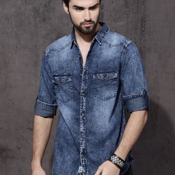 Roadster Men Blue Slim Fit Faded Casual Denim Sustainable Shirt-image-71