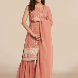 PARROT CREATION Women Embroidered Regular Sequinned Kurti with Sharara & With Dupatta-image-63