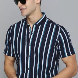 Mast & Harbour Men Navy Blue & White Striped Pure Cotton Casual Sustainable Shirt-image-15