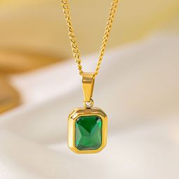 BEYTER Gold-Plated Stone Studded Rectangle Charm Pendant With Chain-44