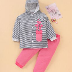 Babyhug Cotton Winter Wear Heart Patched Hooded T-Shirt and Dotted Lounge Pant - Navy Blue Pink-image-30