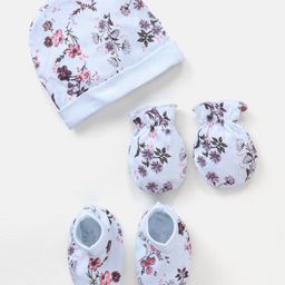 Bonfino Cotton Cap Mittens & Booties Set Floral Print Pink Blue - Diameter 10 cm-image-76