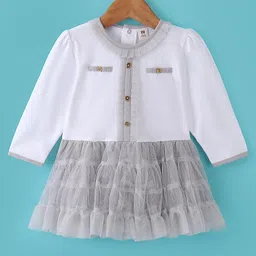 ToffyHouse Cotton Interlock Supercombed Full Sleeves Party Dresses With Frill Detailing - White-picture-48