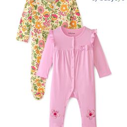 Babyoye Eco Conscious 100% Cotton with Eco Jiva Finish Full Sleeves Night Suit Floral Print & Embroidery Pack Of 2 - Cream & Pink-image-93