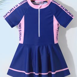 Kookie Kids Half Sleeves Frock Swimsuit with Text Print - Navy-picture-49