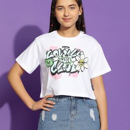Lil Tomatoes Half Sleeves Floral & Text  Printed Cotton Jersey Crop Top - White-picture-23