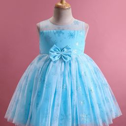 Babyhug Woven  Sleeveless Party Frock with Snowflake Print & Bow Applique - Blue-picture-0