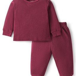 Babyoye Cotton Knit Full Sleeves Solid Dyed Thermal Vest & Pant - Maroon-image-84