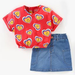 Babyhug Cotton Knit Drop Shoulder Sleeves Top & Denim Skirt Set With Hearts Print - Red & Blue-image-50