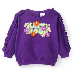 Babyhug Cotton Knit Full Raglan Sleeves Sweatshirt With Text Graphics Floral Applique & Kangaroo Pockets - Purple-image-37