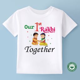 BLUSHES Raksha Bandhan Theme 100% Cotton Half Sleeves Our First Rakhi Together Text Printed Tee - White-image-74