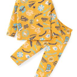 Babyhug Cotton Knit Full Sleeves Night Suit with Text & Varsity Print - Mustard-image-57