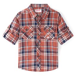 Babyhug Cotton Woven Full Sleeves Regular Collar Checkered Shirt - Orange-image-69